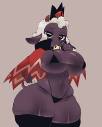 Size: 1536x1921 | Tagged: suggestive, artist:skiddioop, lamb (cult of the lamb), bovid, caprine, lamb, mammal, sheep, anthro, cult of the lamb, 2024, areola, areola slip, belly button, bikini, breasts, clothes, digital art, ears, eyelashes, female, fur, hair, huge breasts, legwear, micro bikini, pose, simple background, solo, solo female, stockings, swimsuit, tail, thick thighs, thighs, wide hips