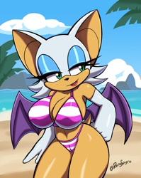 Size: 879x1106 | Tagged: suggestive, artist:renaspyro, rouge the bat (sonic), bat, mammal, anthro, sega, sonic the hedgehog (series), 2024, bat wings, beach, bedroom eyes, belly button, big breasts, bikini, breasts, cameltoe, cleavage, clothes, detailed background, digital art, ears, eyelashes, female, fur, hair, pose, solo, solo female, swimsuit, tail, thighs, webbed wings, wide hips, wings