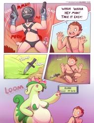 Size: 3000x3956 | Tagged: suggestive, artist:colarix, dinossom, fictional species, human, mammal, anthro, semi-anthro, nintendo, palworld, pokémon, 2024, all fours, belly button, breasts, butt, clothes, comic, dialogue, digital art, dominant, dominant female, dominatrix, ears, eyelashes, eyes closed, female, fur, gun, hair, handgun, kneeling, knife, loincloth, male, mask, pal sphere, rear view, reference, scales, sideboob, slightly chubby, speech bubble, submissive, submissive male, tail, talking, text, thick thighs, thighs, underwear, weapon, wide hips