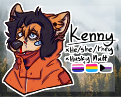 Size: 872x698 | Tagged: safe, artist:ney.trixter, kenny mccormick (south park), canine, dog, husky, mammal, mutt, south park, 2021, abstract background, bandaid, border, character name, demisexual, demisexual pride flag, ear piercing, flag, furrified, genderfluid, genderfluid pride flag, kinsona, one fang, pansexual, pansexual pride flag, piercing, pride flag, scar, solo, text