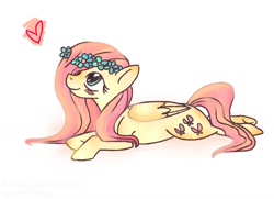 Size: 1280x926 | Tagged: safe, artist:ferafel, fluttershy (mlp), equine, fictional species, mammal, pegasus, pony, feral, friendship is magic, hasbro, my little pony, 2014, ambiguous gender, digital art, flower crown, heart, simple background, smiling, solo, white background
