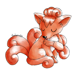 Size: 644x605 | Tagged: safe, artist:artsy-theo, canine, fictional species, mammal, vulpix, feral, nintendo, pokémon, 2d, ambiguous gender, cleaning, eyes closed, generation 1 pokemon, on model, signature, simple background, sitting, solo, solo ambiguous, white background