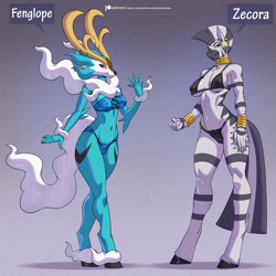 Size: 1800x1800 | Tagged: suggestive, artist:alanscampos, zecora (mlp), antelope, bovid, equine, fictional species, mammal, zebra, anthro, unguligrade anthro, friendship is magic, hasbro, my little pony, palworld, 2024, absolute cleavage, antlers, belly button, bikini, bracelet, breasts, cameltoe, cleavage, clothes, digital art, duo, duo female, ear piercing, earring, ears, eyelashes, female, females only, fenglope, fur, hair, hooves, jewelry, necklace, nipple outline, panties, piercing, pose, sexy, swimsuit, tail, thighs, thong, underboob, underwear, wide hips