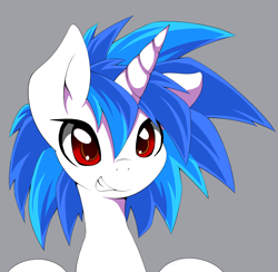 Size: 1432x1399 | Tagged: dead source, safe, artist:grumblepluck, vinyl scratch (mlp), equine, fictional species, mammal, pony, unicorn, feral, friendship is magic, hasbro, my little pony, bed mane, blue hair, blue mane, female, g4, grin, hair, horn, mane, mare, red eyes, simple background, solo, solo female, white body
