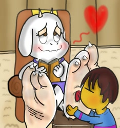 Size: 865x924 | Tagged: suggestive, artist:dml26, toriel (undertale), bovid, goat, human, mammal, undertale, blushing, dominant, dominant female, feet, female, fetish, foot fetish, foot worship, humiliation, licking, licking foot, soles, toes, tongue, tongue out