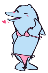 Size: 539x811 | Tagged: safe, artist:herny, cetacean, dolphin, mammal, feral, adventure time, cartoon network, background character, bikini, bikini bottom, bikini top, bipedal, blush lines, blushing, clothes, dot eyes, female, heart, in love, looking at you, love heart, one eye closed, open mouth, open smile, posing, requested art, smiling, solo, solo female, swimsuit, winking