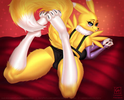 Size: 1300x1052 | Tagged: suggestive, artist:completealienation, fictional species, renamon, anthro, digitigrade anthro, digimon, 2024, bed, belly button, bra, breasts, butt, cameltoe, clothes, detailed background, digital art, ears, eyelashes, female, fur, looking at you, looking back, looking back at you, lying down, lying on bed, on bed, panties, paw pads, paws, pose, rear view, sideboob, solo, solo female, tail, thighs, underwear, wide hips