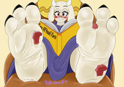 Size: 1200x849 | Tagged: suggestive, artist:kdasdrawsff, toriel (undertale), bovid, goat, mammal, undertale, blushing, feet, female, fetish, foot fetish, foot worship, licking, licking foot, soles, toes, tongue, tongue out