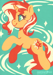 Size: 2926x4152 | Tagged: safe, artist:dandy, sunset shimmer (mlp), equine, fictional species, mammal, pony, unicorn, feral, friendship is magic, hasbro, my little pony, 2024, acrylic painting, female, g4, hair, high res, horn, limited palette, mane, mare, multicolored hair, orange body, smiling, solo, solo female, tail, traditional art, two toned hair, two-toned mane, two-toned tail