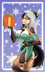 Size: 650x1024 | Tagged: suggestive, artist:ray-desert-cat, artist:yoshinc, oc, oc:ellie (kurtchen), canine, mammal, wolf, anthro, 2021, breasts, brown body, brown fur, christmas, clothes, ears, female, fur, gift, hair, holiday, multicolored hair, present, solo, solo female, tail, two toned hair