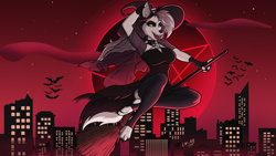 Size: 2560x1440 | Tagged: safe, artist:lw-88, loona (vivzmind), bat, canine, fictional species, hellhound, mammal, anthro, digitigrade anthro, feral, hazbin hotel, helluva boss, 2022, bedroom eyes, black nose, bottomwear, breasts, broom, clothes, collar, colored sclera, costume, detailed background, digital art, dress, ears, eyelashes, female, fingerless gloves, flying, fur, gloves, hair, halloween, hat, headwear, hell, holiday, legwear, looking at you, red sclera, solo, solo female, spiked collar, stockings, thighs, wide hips, witch costume, witch hat