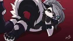 Size: 2560x1440 | Tagged: safe, artist:lw-88, loona (vivzmind), canine, fictional species, hellhound, mammal, anthro, digitigrade anthro, hazbin hotel, helluva boss, 2022, bedroom eyes, black nose, bottomwear, breasts, cell phone, clothes, collar, colored sclera, crop top, detailed background, digital art, ears, eyelashes, female, fingerless gloves, fur, gloves, hair, legwear, looking at you, looking back, looking back at you, paw pads, paws, phone, rear view, red background, red sclera, shorts, sideboob, simple background, smartphone, solo, solo female, spiked collar, stockings, thighs, topwear, unamused, wide hips