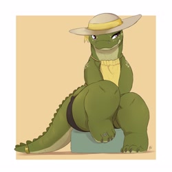 Size: 2500x2500 | Tagged: safe, artist:louart, crocodile, crocodilian, reptile, anthro, 2024, border, bottomwear, clothes, female, hat, headwear, shirt, shorts, sitting, solo, solo female, sun hat, tail, thick thighs, thighs, topwear, white border, wide hips