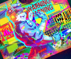 Size: 3543x2953 | Tagged: safe, artist:saicus, oc, oc only, oc:nick (saicus), canine, mammal, wolf, abstract background, cd, clothes, colorful, digital art, ears, eating, fork, fur, hat, headwear, knife, male, males only, open mouth, solo, solo male