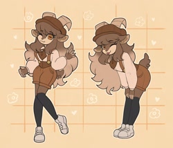 Size: 2047x1755 | Tagged: safe, artist:okaliz, oc, oc:adeline (okaliz), bovid, goat, mammal, anthro, 2024, 2d, ;3, abstract background, ascot, blep, bottomwear, brown body, brown fur, closed mouth, closed smile, clothes, countershading, cute, duality, ear fluff, ears, female, fluff, footwear, fur, hair, happy, hat, headwear, horizontal pupils, horns, knee-high socks, leaning forward, long hair, looking at you, multicolored body, multicolored fur, one eye closed, shoes, short tail, shorts, signature, smiling, smiling at you, socks, suspenders, tail, tail fluff, tongue, tongue out, topwear, two toned body, two toned fur, waving, winking