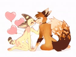 Size: 2048x1535 | Tagged: safe, artist:yshanii, oc, oc only, canine, feline, fox, mammal, serval, anthro, 2024, 2d, anthro/anthro, balloon, big ears, big tail, breasts, butt fluff, chest fluff, collar, collar only, complete nudity, countershading, couple, cute, duo, duo male and female, ear fluff, ears, elbow fluff, female, fluff, fur, happy, head fluff, heart, heart balloon, holding, holding hands, interspecies, kissing, kneeling, long tail, looking at each other, male, male/female, mottled fur, multicolored body, multicolored fur, nudity, paw pads, paws, short tail, shoulder fluff, simple background, tail, tail fluff, thigh fluff, thighs, underpaw, white background