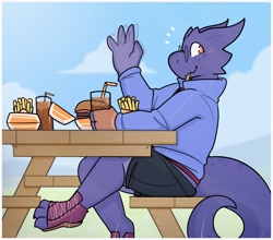 Size: 3000x2640 | Tagged: safe, artist:nicopossum, fictional species, kobold, reptile, anthro, 2024, bottomwear, burger, clothes, drink, eating, food, french fries, glasses, hamburger, male, meat, picnic table, round glasses, shorts, solo, solo male, sweater, topwear, waving