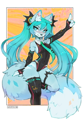 Size: 1356x1975 | Tagged: safe, artist:waspsalad, miku hatsune (vocaloid), canine, fox, mammal, anthro, vocaloid, 2024, big tail, border, breasts, clothes, female, fingerless gloves, furrified, garter straps, gloves, hair, hair accessory, legwear, leotard, long gloves, long hair, looking at you, necktie, pigtails, smiling, smiling at you, solo, solo female, species swap, tail, thick thighs, thigh highs, thighs, white border, wide hips