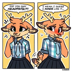 Size: 970x970 | Tagged: safe, artist:jayrnski, oc, oc:maple (jayrnski), cervid, deer, mammal, anthro, 2024, 2d, antlers, blushing, border, bottomwear, cheek fluff, clothes, comic, cute, dialogue, digital art, ears, emanata, english text, exclamation point, eyelashes, fingers, fluff, front view, green eyes, happy, head fluff, necktie, nonbinary, shirt, short tail, skirt, solo, solo nonbinary, speech bubble, tail, tail fluff, tail wag, talking, talking to viewer, text, three-quarter view, topwear, white border
