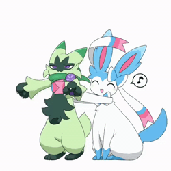 Size: 498x498 | Tagged: safe, alternate version, artist:tontaro, eeveelution, fictional species, floragato, mammal, shiny pokémon, sylveon, feral, semi-anthro, nintendo, pokémon, spoiler:pokémon gen 9, spoiler:pokémon scarlet and violet, 2023, 2d, 2d animation, ^^, ambiguous gender, ambiguous only, animated, behaving like a cat, big ears, blue body, blue fur, blue tail, cheek fluff, cute, digital art, duo, duo ambiguous, ear fluff, ears, eyes closed, fluff, front view, fur, gif, green body, green fur, happy, head fluff, lidded eyes, lifting, long cat, long ears, low res, multicolored body, multicolored fur, multicolored head, musical note, open mouth, open smile, pointy ears, purple eyes, ribbons (body part), simple background, sitting, smiling, speech bubble, starter pokémon, tail, tail wag, thighs, three-quarter view, tongue, unamused, white background, white body, white fur, why me