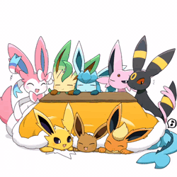 Size: 498x498 | Tagged: safe, alternate version, artist:tontaro, eevee, eeveelution, espeon, fictional species, flareon, glaceon, jolteon, leafeon, mammal, sylveon, umbreon, vaporeon, feral, nintendo, pokémon, 2023, 2d, 2d animation, ^^, ambiguous gender, animated, behaving like a cat, big ears, black body, black fur, blue body, blue fur, blushing, brown body, brown fur, casual nudity, closed mouth, closed smile, colored sclera, complete nudity, cute, digital art, ear fluff, ear twitch, ears, emanata, eyes closed, fins, fish tail, fluff, front view, fur, gif, grabbing, group, happy, head fluff, lavender fur, light blue body, long ears, low res, lying down, multicolored body, multicolored fur, musical note, neck fluff, nudity, one eye closed, open mouth, open smile, orange body, orange fur, paws, prone, purple body, purple fur, purple sclera, red sclera, ribbons (body part), simple background, sitting, sleeping, smiling, speech bubble, table, tail, tail fin, tail fluff, tail grab, tail wag, thighs, tongue, white background, white body, white fur, yellow body, yellow fur