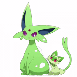 Size: 498x498 | Tagged: safe, alternate version, artist:tontaro, eeveelution, espeon, fictional species, mammal, shiny pokémon, sprigatito, feral, nintendo, pokémon, spoiler:pokémon gen 9, spoiler:pokémon scarlet and violet, 1:1, 2d, 2d animation, ambiguous gender, ambiguous only, animated, bath, behaving like a cat, big ears, bubble bath, casual nudity, cheek fluff, cleaning, closed mouth, colored pupils, complete nudity, cute, digital art, duo, duo ambiguous, ears, fluff, fur, gif, green body, green fur, happy, jumping, long ears, long tail, looking down at another, low res, nudity, open mouth, pointy ears, short tail, simple background, sitting, size difference, soap suds, starter pokémon, tail, tail fluff, tail wag, thighs, white background, white pupils