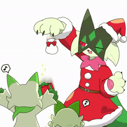 Size: 498x498 | Tagged: safe, artist:tontaro, fictional species, floragato, meowscarada, sprigatito, feral, semi-anthro, nintendo, pokémon, spoiler:pokémon gen 9, spoiler:pokémon scarlet and violet, 1:1, 2d, 2d animation, ambiguous gender, ambiguous only, animated, candy, candy cane, cheek fluff, christmas, christmas gift, claws, clothes, costume, cute, digital art, ears, fluff, food, front view, fur, gif, green body, green fur, group, happy, hat, headwear, holiday, jumping, low res, mask, musical note, nudity, one eye closed, open mouth, open smile, paws, pointy ears, rear view, red clothes, red eyes, santa costume, santa hat, simple background, slit pupils, smiling, speech bubble, standing, starter pokémon, tongue, trio, trio ambiguous, white background