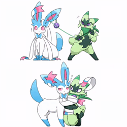 Size: 498x498 | Tagged: safe, alternate version, artist:tontaro, eeveelution, fictional species, floragato, mammal, shiny pokémon, sylveon, feral, semi-anthro, nintendo, pokémon, spoiler:pokémon gen 9, spoiler:pokémon scarlet and violet, 1:1, 2024, 2d, 2d animation, ambiguous gender, ambiguous only, animated, behaving like a cat, big ears, blue body, blue fur, blue tail, casual nudity, cheek fluff, closed mouth, closed smile, complete nudity, digital art, duo, duo ambiguous, ear fluff, ears, emanata, fluff, front view, fur, gif, green body, green fur, green tail, happy, head fluff, kneeling, lidded eyes, long ears, long tail, low res, multicolored body, multicolored fur, multicolored head, nudity, open mouth, open smile, paws, pink inner ear, pointy ears, ribbons (body part), seductive, shocked, short tail, shrunken pupils, side view, simple background, sitting, smiling, socks (leg marking), standing, starter pokémon, tail, tail fluff, tail wag, thighs, three-quarter view, tugging, two panel image, white background, white body, white fur