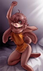 Size: 1000x1652 | Tagged: safe, artist:johnjoseco, lop (star wars: visions), lagomorph, mammal, rabbit, anthro, star wars, star wars: visions, 2024, bottomless, clothes, ears, female, fluff, long ears, neck fluff, nudity, one eye closed, partial nudity, shirt, solo, solo female, stretching, tail, topwear, waking up, yawning