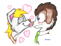Size: 1940x1465 | Tagged: safe, artist:silversimba01, derpy hooves (mlp), time turner (mlp), beagle, canine, dog, golden retriever, mammal, feral, friendship is magic, hasbro, my little pony, 2015, 2d, blushing, bust, collar, cute, description in the comments, doctorderpy (mlp), dogified, duo, duo male and female, eyes closed, female, heart, licking, love heart, male, male/female, shipping, signature, simple background, species swap, tongue, tongue out, traditional art, white background