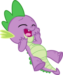 Size: 828x981 | Tagged: safe, artist:porygon2z, spike (mlp), dragon, fictional species, western dragon, semi-anthro, friendship is magic, hasbro, my little pony, 2d, eyes closed, laughing, lying down, male, on back, on model, open mouth, open smile, simple background, smiling, solo, solo male, transparent background