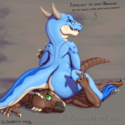 Size: 2000x2000 | Tagged: safe, artist:doesnotexist, oc, oc:bryce daeless, oc:bryce daeless (kobold), oc:lotus snapjaw, fictional species, kobold, reptile, anthro, 2024, angry, big butt, big tail, blue eyes, blue scales, brown scales, butt, countershading, dated, dialogue, digital art, dipstick muzzle, duo, fangs, female, green eyes, horn, horns, lying down, lying on the ground, male, one eye closed, prone, scales, sharp teeth, signature, sitting, slit pupils, smiling, species swap, spots, subscribestar, tail, talking, tan scales, teeth, text, watermark, wide hips
