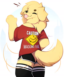 Size: 1280x1536 | Tagged: safe, artist:accelldraws, oc, oc only, oc:friday (accelldraws), canine, dog, golden retriever, mammal, anthro, 2024, blep, bottomwear, butt, clothes, cream body, cream fur, eyes closed, female, floppy ears, fur, happy, off shoulder, paws, shirt, shorts, simple background, socks, solo, solo female, standing, tail, tail wag, text, tongue, tongue out, topwear, warning sign, watermark, white background