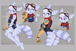 Size: 1875x1262 | Tagged: safe, alternate version, artist:teranen, rivet (r&c), fictional species, lombax, mammal, anthro, ratchet & clank, 2021, blue eyes, border, breasts, butt, chest fluff, clothes, cybernetic arm, cybernetics, ear piercing, earring, ears, eyebrows, eyelashes, feet, female, fluff, fur, goggles, goggles on head, gray hair, hair, heart, leotard, piercing, scarf, smiling, solo, solo female, striped fur, tail, thighs