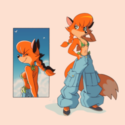 Size: 1800x1800 | Tagged: safe, artist:fox-popvli, oc, oc only, oc:patty (fox-popvli), canine, fox, mammal, red fox, anthro, 2024, baggy pants, bikini, bikini top, breasts, clothes, digital art, ears, eyelashes, female, footwear, fur, hair, jeans, meme, pants, picture-in-picture, rear view, shoes, simple background, solo, solo female, swimsuit, tail, thighs, vixen, wide hips