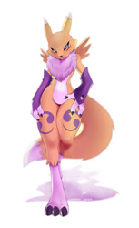 Size: 736x1200 | Tagged: safe, artist:chilllum, fictional species, renamon, semi-anthro, digimon, 2024, arm warmers, black nose, black sclera, claws, clothes, colored sclera, digital art, ears, eyelashes, female, fur, jewelry, looking at you, necklace, simple background, solo, solo female, tail, thighs, unamused, walking, white background
