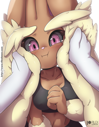 Size: 1121x1435 | Tagged: safe, artist:rilexlenov, fictional species, gardevoir, lopunny, mammal, anthro, nintendo, pokémon, 2024, belly button, black sclera, breasts, clothes, colored sclera, crop top, digital art, ear fluff, ears, eyelashes, faceless female, female, female focus, fluff, fur, hair, looking at you, offscreen character, pov, solo, solo female, solo focus, sports bra, sports pants, tail, thighs, topwear, wide hips