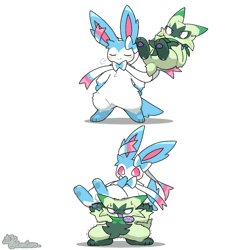 Size: 960x960 | Tagged: safe, artist:tontaro, eeveelution, fictional species, floragato, mammal, shiny pokémon, sylveon, feral, semi-anthro, nintendo, pokémon, spoiler:pokémon gen 9, spoiler:pokémon scarlet and violet, 1:1, 2024, 2d, 2d animation, ambiguous gender, ambiguous only, animated, belly, belly fluff, big ears, bipedal, blue body, blue ears, blue fur, blue paw pads, blue tail, blush lines, blushing, carrying, carrying another, casual nudity, chest fluff, claws, closed mouth, closed smile, colored pupils, complete nudity, confident, cute, digital art, duo, duo ambiguous, ear fluff, ears, emanata, eyes closed, fluff, front view, fur, gif, green body, green face, green fur, green tail, happy, head fluff, heavy, implied fat, lifting, long ears, multicolored body, multicolored face, multicolored fur, multicolored head, nudity, open mouth, paw pads, paws, pink eyes, pink inner ear, pointy ears, purple paw pads, ribbons (body part), short tail, signature, simple background, sitting, smiling, socks (leg marking), standing, starter pokémon, strong, struggling, tail, tail fluff, thigh fluff, thighs, this will end in pain, this will not end well, tongue, white background, white belly, white body, white fur, white pupils