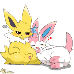 Size: 960x960 | Tagged: safe, artist:tontaro, eeveelution, fictional species, jolteon, mammal, sylveon, feral, nintendo, pokémon, ..., 2024, 2d, 2d animation, ambiguous gender, ambiguous only, animated, belly, big belly, big ears, blue inner ear, blush lines, blushing, butt, butt fluff, casual nudity, chest fluff, colored pupils, complete nudity, cuddling, cute, cute little fangs, digital art, duo, duo ambiguous, ear fluff, ears, emanata, embarrassed, eyes closed, fangs, fluff, front view, fur, gif, happy, head fluff, heart, hug, leg fluff, long ears, looking away, lying down, multicolored body, multicolored fur, neck fluff, nudity, on side, open mouth, open smile, paw pads, paws, pink body, pink ears, pink fur, pink paw pads, pink tail, ribbons (body part), signature, simple background, sitting, slightly chubby, smiling, speech bubble, tail, tail wag, teeth, thigh fluff, thighs, three-quarter view, tongue, two toned body, two toned fur, two toned head, underpaw, white background, white belly, white body, white fur, white pupils, yellow belly, yellow body, yellow ears, yellow fur