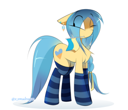 Size: 1181x1018 | Tagged: safe, artist:madragon, oc, oc only, oc:ukraine, earth pony, equine, fictional species, mammal, pony, feral, hasbro, my little pony, 2024, braid, chest fluff, clothes, cutie mark, ear piercing, ears, eye through hair, flag, floppy ears, fluff, hair, legwear, mane, nation ponies, one eye closed, one eye covered, piercing, ponified, signature, simple background, socks, solo, species swap, stockings, striped clothes, striped legwear, tail, thigh highs, ukraine, ukrainian flag, white background, winking