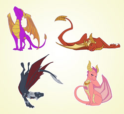 Size: 1280x1174 | Tagged: safe, artist:xannador, cynder the dragon (spyro), ember the dragon (spyro), flame the dragon (spyro), spyro the dragon (spyro), dragon, fictional species, western dragon, feral, spyro the dragon (series), the legend of spyro, 2d, blep, blue eyes, claws, dragon wings, dragoness, female, flying, gradient background, gray body, group, horns, jewelry, lidded eyes, lying down, male, necklace, on side, one eye closed, orange belly, pink body, pink tongue, purple body, red belly, red body, sitting, spread wings, standing, tail, tongue, tongue out, wings, yellow belly