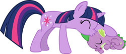 Size: 827x356 | Tagged: safe, artist:porygon2z, spike (mlp), twilight sparkle (mlp), dragon, equine, fictional species, mammal, pony, unicorn, western dragon, feral, semi-anthro, friendship is magic, hasbro, my little pony, 2d, duo, eyes closed, female, kissing, lying down, male, mare, on model, on side, open mouth, simple background, sleeping, standing, transparent background, young