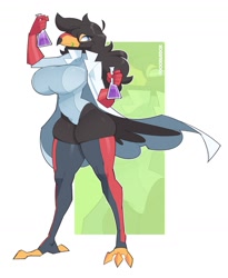 Size: 1344x1638 | Tagged: safe, artist:doodledox, oc, oc only, bird, toucan, anthro, digitigrade anthro, 2023, beaker, big breasts, black hair, breasts, chemistry, clothes, commission, feathers, female, gloves, hair, lab coat, legwear, leotard, looking at you, rubber gloves, solo, solo female, tail, tail feathers, thigh highs, thigh squish