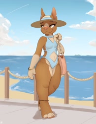 Size: 2500x3200 | Tagged: safe, artist:louart, canine, dog, mammal, anthro, 2024, beach, breasts, clothes, female, hat, headwear, one-piece swimsuit, purse, solo, solo female, sun hat, swimsuit, thick thighs, thighs, walking, wide hips