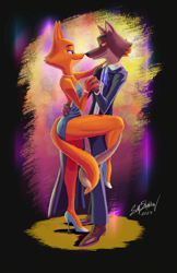 Size: 1544x2386 | Tagged: safe, artist:sum5hadow, diane foxington (the bad guys), mr. wolf (the bad guys), canine, fox, mammal, red fox, wolf, anthro, dreamworks animation, the bad guys, 2024, bedroom eyes, clothes, dancing, duo, female, high heels, looking at each other, male, male/female, romantic, romantic couple, shipping, shoes, smiling at each other, thick thighs, thighs, vixen