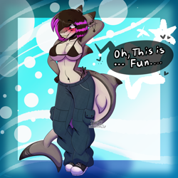 Size: 3000x3000 | Tagged: safe, artist:silvetz, oc, oc only, fish, shark, anthro, 2024, absolute cleavage, artwork, baggy pants, bikini, bikini top, blushing, breasts, cleavage, clothes, digital art, emo, female, fins, fish tail, footwear, fursona, goth, high res, jeans, meme, pants, scene, shark tail, shoes, solo, solo female, speech bubble, swimsuit, tail