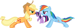 Size: 828x317 | Tagged: safe, artist:porygon2z, applejack (mlp), rainbow dash (mlp), twilight sparkle (mlp), earth pony, equine, fictional species, mammal, pegasus, pony, unicorn, feral, friendship is magic, hasbro, my little pony, 2d, braid, clothes, cowboy hat, female, females only, group, hair, hat, headwear, mare, on model, simple background, smiling, transparent background, trio, trio female
