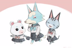 Size: 2048x1364 | Tagged: safe, artist:oni_atat, flurry (animal crossing), lolly (animal crossing), skye (animal crossing), canine, cat, feline, hamster, mammal, rodent, wolf, semi-anthro, animal crossing, nintendo, 2d, bottomwear, bow, bow tie, clothes, eyes closed, female, females only, group, on model, open mouth, open smile, skirt, smiling, trio, trio female, walking