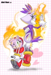 Size: 1474x2164 | Tagged: safe, artist:nonicpower, amy rose (sonic), blaze the cat (sonic), cat, feline, hedgehog, mammal, sega, sonic the hedgehog (series), 2024, duo, duo female, female, females only