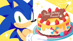 Size: 3200x1800 | Tagged: safe, artist:uno yuuji, official art, inugami korone (hololive), sonic the hedgehog (sonic), hedgehog, mammal, hololive, sega, sonic the hedgehog (series), 2021, berry, birthday, birthday cake, blue body, blue fur, bone, cake, candle, clothes, english text, food, fruit, fur, gloves, green eyes, looking at you, male, smiling, solo, solo male, strawberry, text